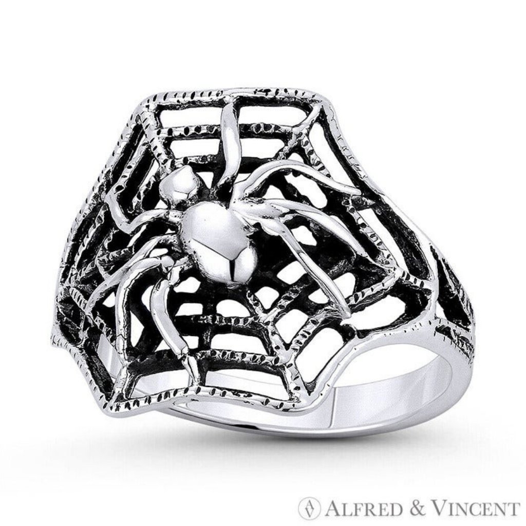 Spider On Web Arachnid Spirit Animal Charm Ring In .925 Sterling Silver - Size 9